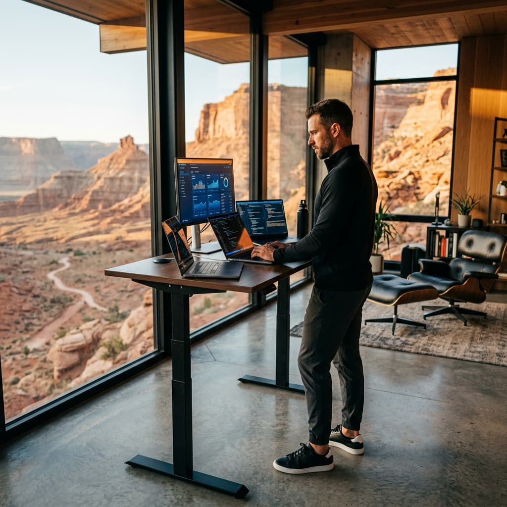 Forward-deployed AI CTO working from premium office with canyon views and multiple dashboards
