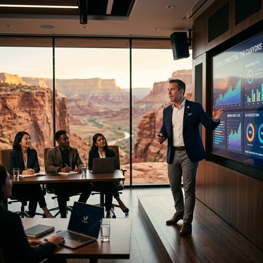 CTO presenting AI strategy to team with canyon views