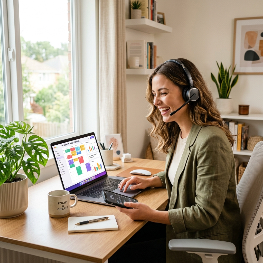 Happy remote call center employee with modern headset using scheduling app